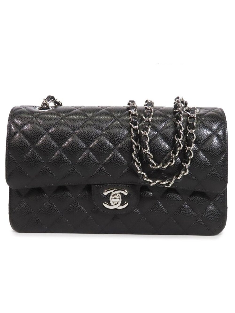 Chanel Chain Black Silver Caviar Leather Quilted 25 Double Flap Shoulder Bag